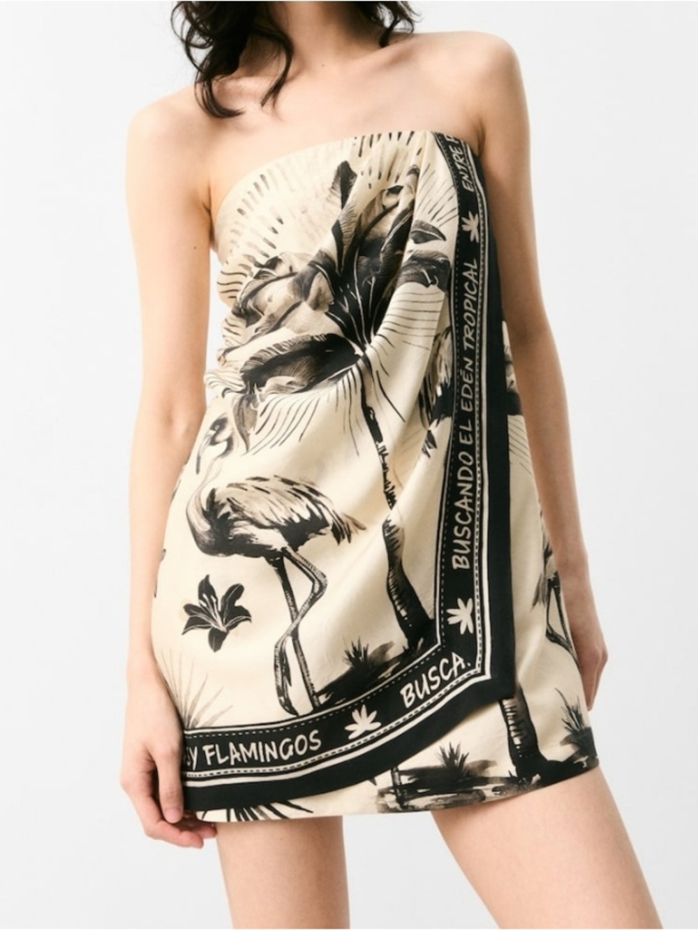 H&M Beige and Black Tropical Print Midi Skirt